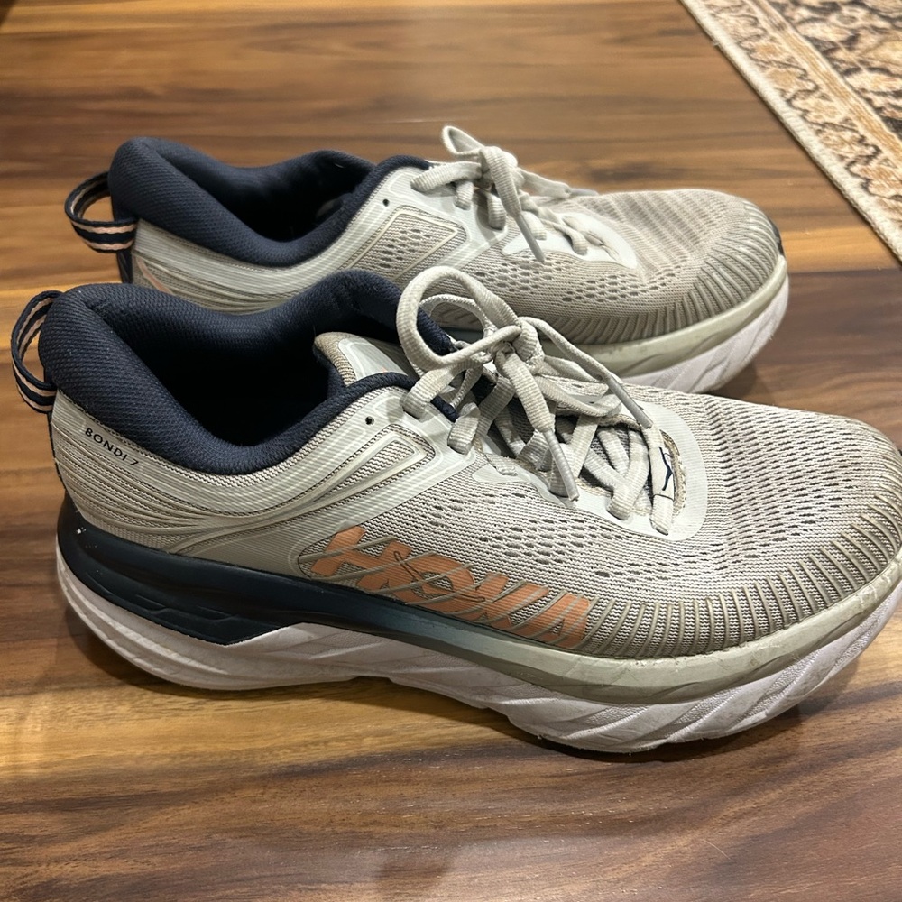 Hoka Bondi 7 Gray and Orange Athletic Shoes